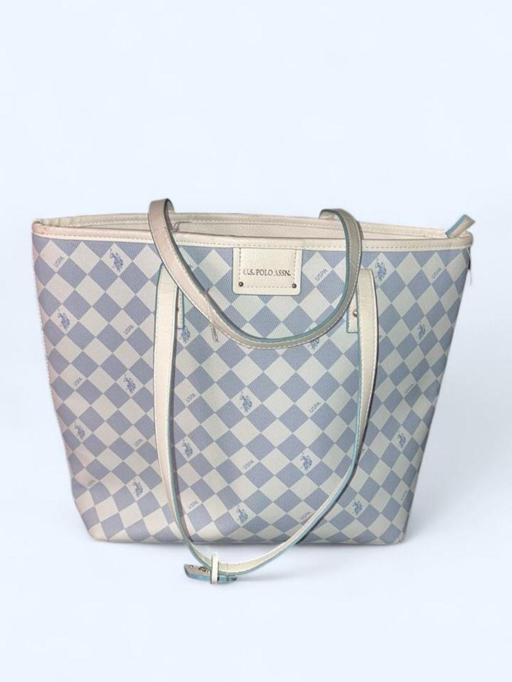 U.S. Polo Assn. Check Pattern Tote in Light Blue and Cream